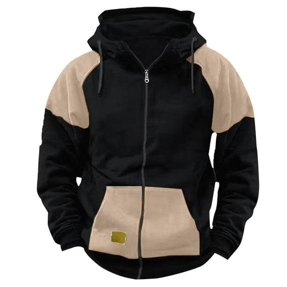 Wyobmus Mens Fashion Athletic Hoodies Patchwork Long Sleeve Pullover Casual Outdoor Full Zip Cargo Hooded Collar Sweatshirts Khaki