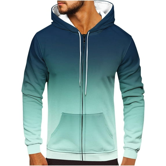 Wyobmus Mens Fashion Zipper Up Hoodies Gradient Color Hooded Collar Pullover Long Sleeve Hoodie Sweatshirt With Kanga Pocket Navy