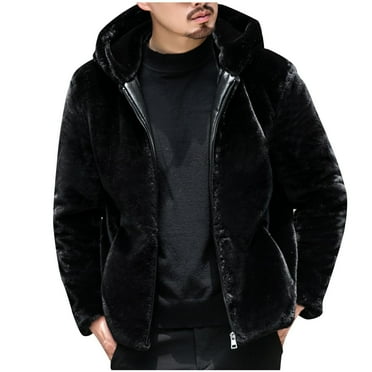Wyobmus Mens Faux Fur Fluffy Jacket Open Front Long Sleeve Zip Up Hooded Outwear Winter Trendy Warm Long Parka Overcoats Black