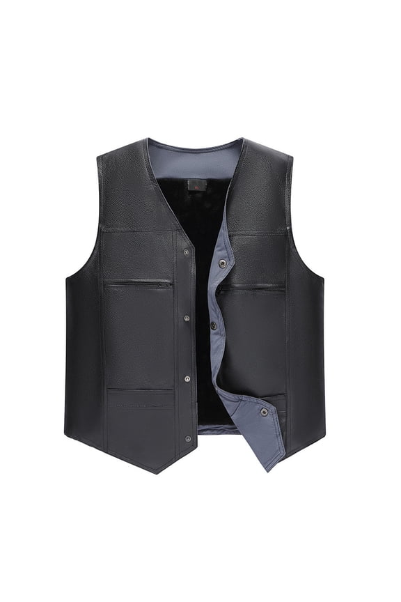 Mens Faux Leather Motorcycle Vest Fall Fleece Button Down Biker Vest Classic Western Style Sleeveless Outdoor Jacket Black