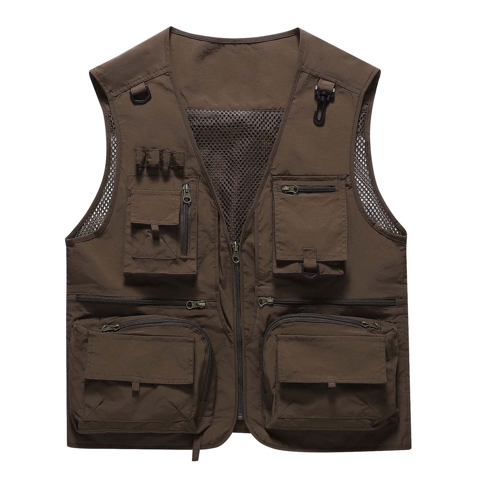 Wyobmus Mens Fishing Hunting Vest Lightweight Outdoor Full Zip Travel Utility Vest V Neck Work Jacket with Multi Pocket A-Coffee