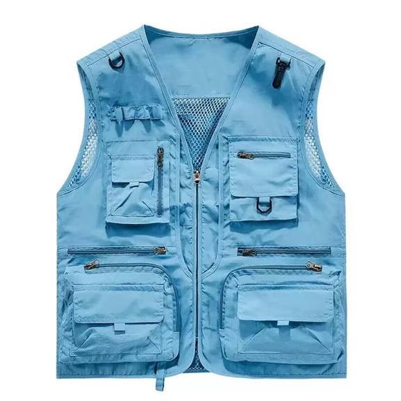 Wyobmus Mens Fishing Hunting Vest Lightweight Outdoor Full Zip Travel Utility Vest V Neck Work Jacket with Multi Pocket A-Sky Blue