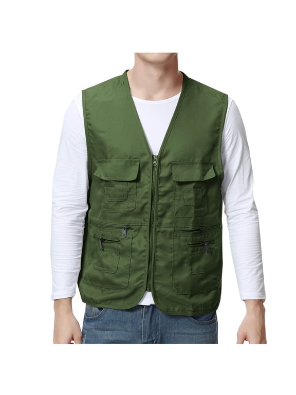 Mens Fishing Vest Summer Outdoor Work Vest Utility Pockets Lightweight Sleeveless Jackets for Hiking Photo Logging L-4X Olive Green