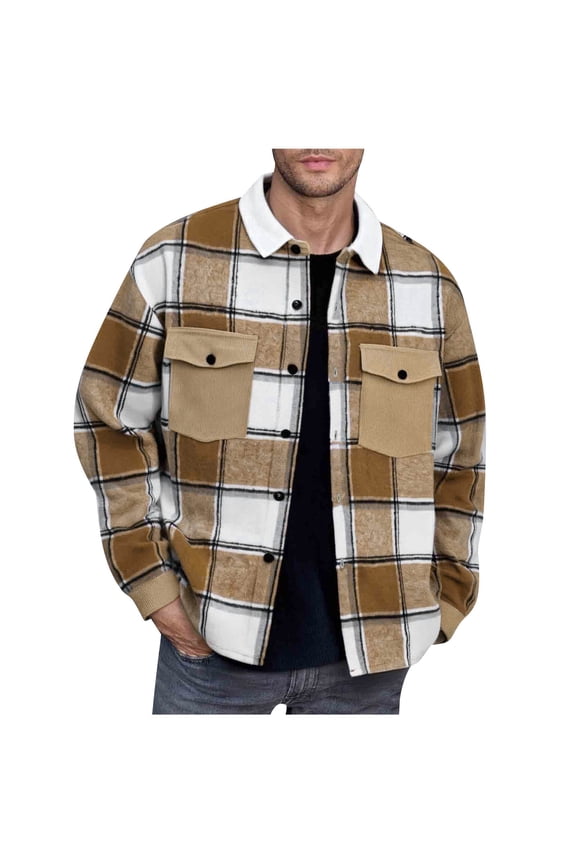 Mens Flannel Shirts Jackets Casual Button Down Plaid Shackets Jacket Long Sleeve Wool Blend Lapel Outwear Coat with Pockets Fall Fashion Clohtes A-Khaki