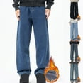 thumbnail image 1 of Wyobmus Mens Fleece Lined Jeans Elastic Waist Baggy Jeans Plus Size Loose Fit Straight Leg Denim Pants with Zipper and Button Black, 1 of 8