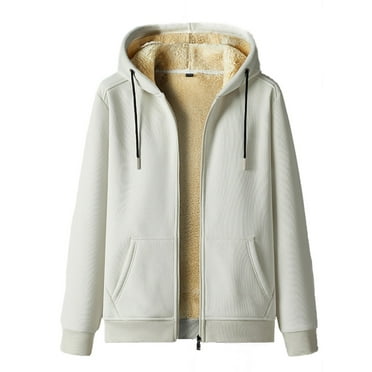 Wyobmus Mens Fleece Lined Jacket Long Sleeved Hooded Lambskin Pocket Drawstring Jacket Coat Khaki