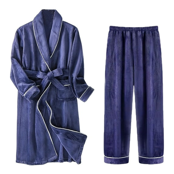 Wyobmus Mens Fluffy Robe Set Solid Color Fleece Shawl Collar Robe Thick Warm Sleepwear Loungewear Pjs Set Size L-3XL Blue