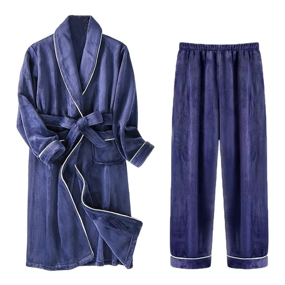 Wyobmus Mens Fluffy Robe Set Solid Color Fleece Shawl Collar Robe Thick Warm Sleepwear Loungewear Pjs Set Size L-3XL Blue