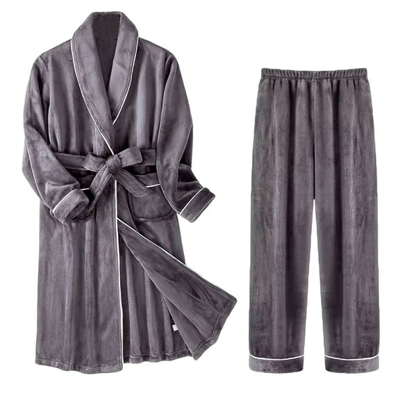 Wyobmus Mens Fluffy Robe Set Solid Color Fleece Shawl Collar Robe Thick Warm Sleepwear Loungewear Pjs Set Size L-3XL Dark Gray