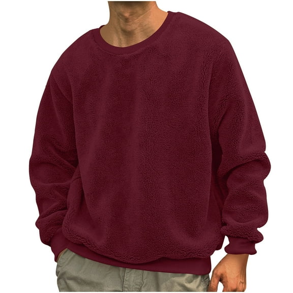 Wyobmus Mens Fuzzy Sherpa Sweatshirt S-5XL Lightwight Long Sleeve Fluffy Crew Neck Pullover Cozy Basic Unisex Fall Winter Warm Tops Burgundy