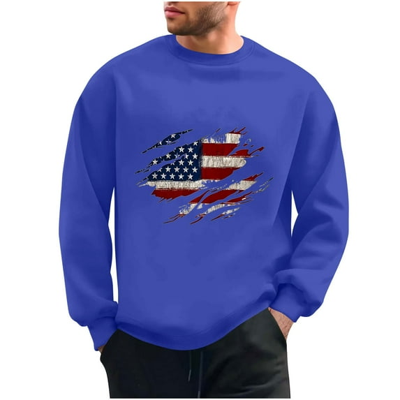 Wyobmus Mens Graphic Sweatshirt Usa.Flag Sweatshirt Casual Long Sleeve Round Neck Base Hoodless Sweatshirt Blue