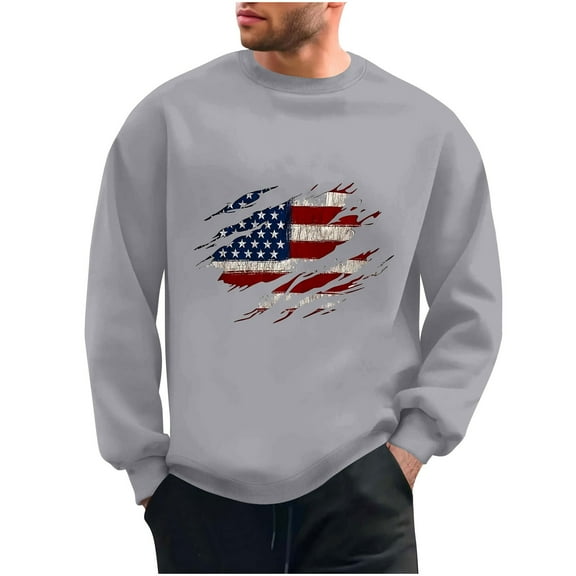 Wyobmus Mens Graphic Sweatshirt Usa.Flag Sweatshirt Casual Long Sleeve Round Neck Base Hoodless Sweatshirt Gray