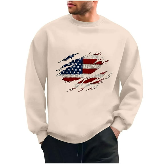 Wyobmus Mens Graphic Sweatshirt Usa.Flag Sweatshirt Casual Long Sleeve Round Neck Base Hoodless Sweatshirt Khaki