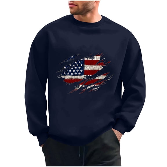 Wyobmus Mens Graphic Sweatshirt Usa.Flag Sweatshirt Casual Long Sleeve Round Neck Base Hoodless Sweatshirt Navy