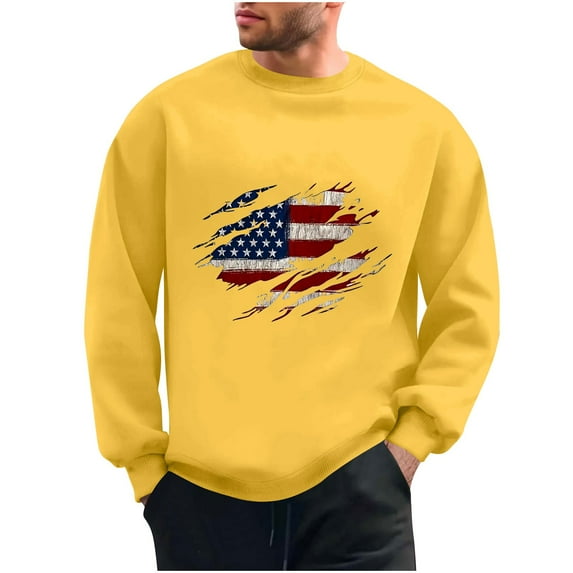 Wyobmus Mens Graphic Sweatshirt Usa.Flag Sweatshirt Casual Long Sleeve Round Neck Base Hoodless Sweatshirt Yellow