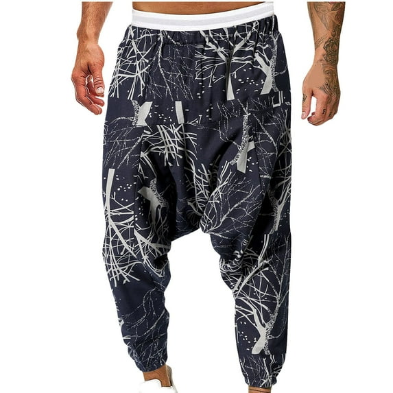 Wyobmus Mens Harem Pants Elastic Waist Printed Linen Hippie Pants Trench Loose Drop Crotch Trousers C-Black