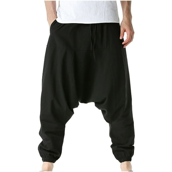 Wyobmus Mens Harem Pants Elastic Waist Solid Linen Hippie Pants Trench Loose Drop Crotch Trousers A-Black