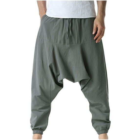 Wyobmus Mens Harem Pants Elastic Waist Solid Linen Hippie Pants Trench Loose Drop Crotch Trousers A-Dark Gray