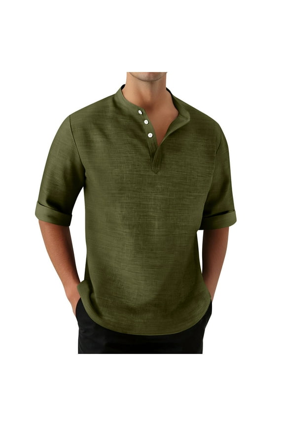 Mens Henley Shirts Casual Lightweight Half Sleeve Rolled Button Up T-Shirt Summer Beach Yoga Hippie Tops S-3X Olive Green