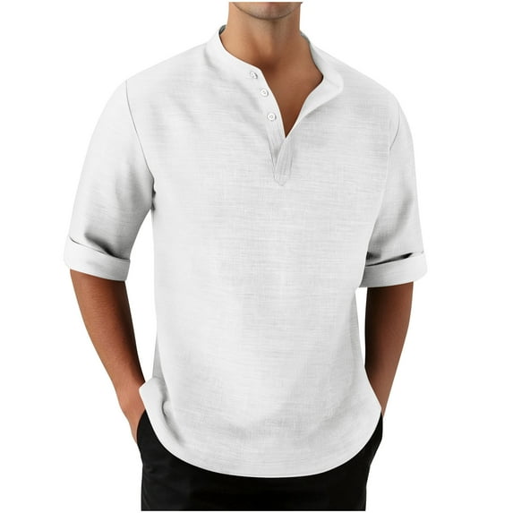 Wyobmus Mens Henley Shirts Casual Lightweight Half Sleeve Rolled Button Up T-Shirt Summer Beach Yoga Hippie Tops S-3X White
