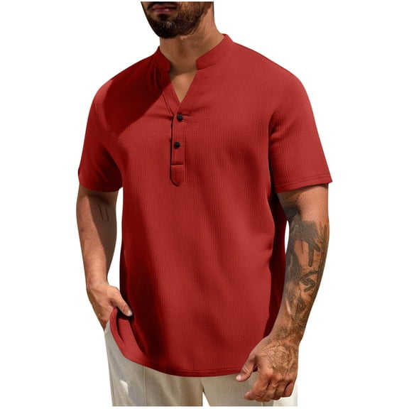 Wyobmus Mens Henley Shirts Short Sleeve Casual Fashion Button Up Shirts Lightweight Summer Basic Tee S-3X Red