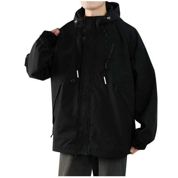 Wyobmus Mens Hooded Cargo Jackets Solid Color Loose Outerwear With Multi Pocket Black
