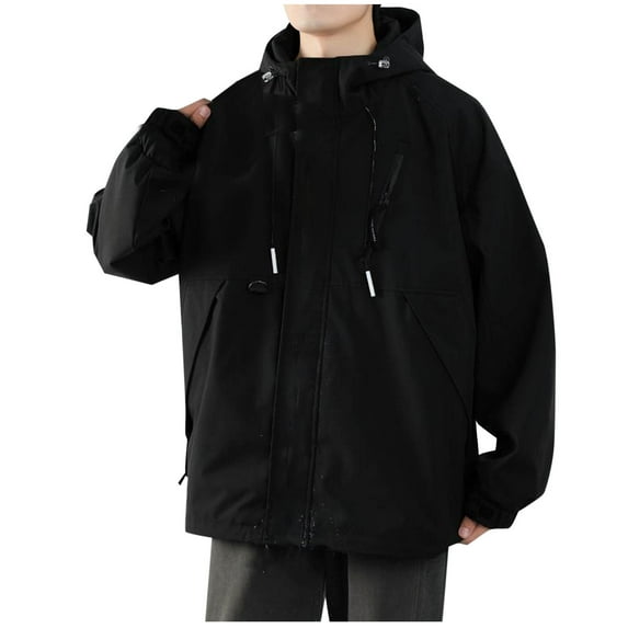 Wyobmus Mens Hooded Cargo Jackets Solid Color Loose Outerwear With Multi Pocket Black