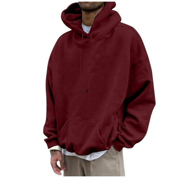 Wyobmus Mens Hoodie Oversized Sweatshirt Casual Hooded Drawstring Pullover Solid Color Long Sleeve Sports Tops Burgundy