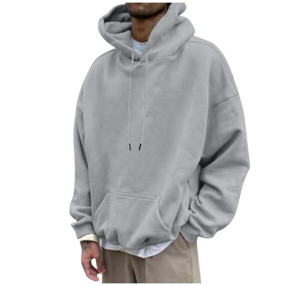 Wyobmus Mens Hoodie Oversized Sweatshirt Casual Hooded Drawstring Pullover Solid Color Long Sleeve Sports Tops Gray