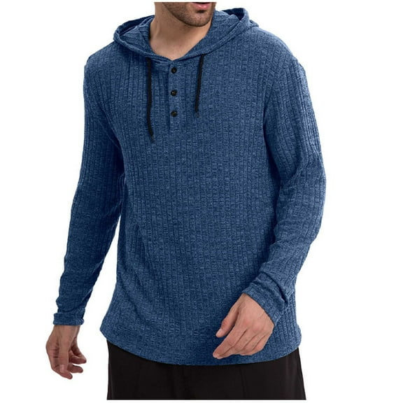 Wyobmus Mens Hoodies Pullover Solid Color Casual Button Sweatshirt Long Sleeve Lightweight Drawstring Hooded Jogging Tops Blue