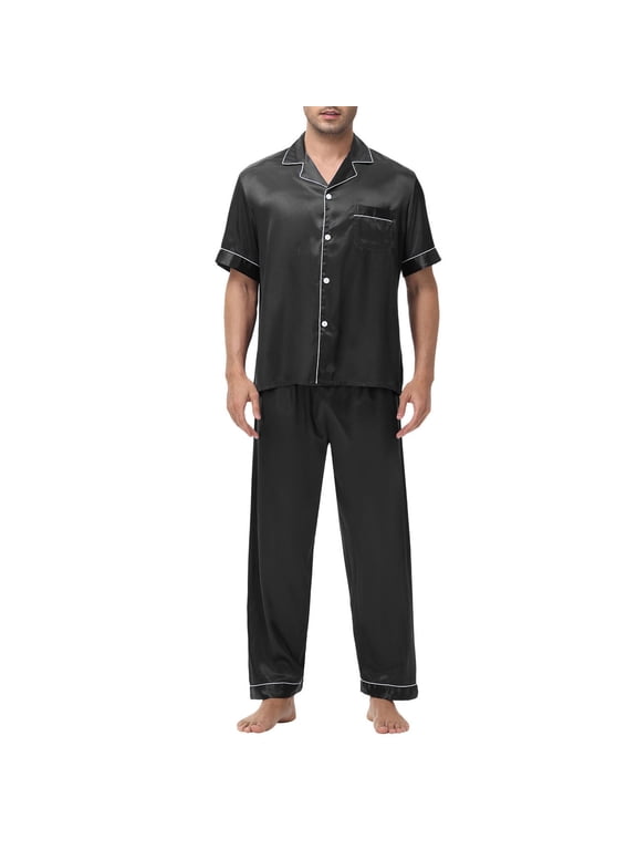 Mens Ice Silk Pajamas Set Spring Summer Short Sleeve Satin Pajamas for Men Sleepwear Button Down Pjs Set Two-Piece C-Black