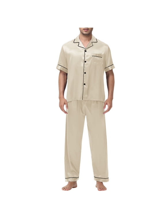 Mens Ice Silk Pajamas Set Spring Summer Short Sleeve Satin Pajamas for Men Sleepwear Button Down Pjs Set Two-Piece C-Khaki