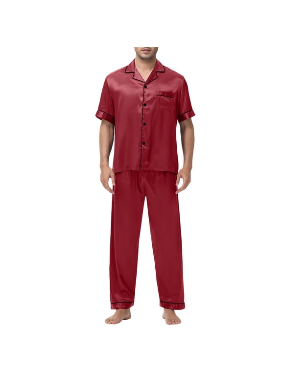 Mens Ice Silk Pajamas Set Spring Summer Short Sleeve Satin Pajamas for Men Sleepwear Button Down Pjs Set Two-Piece C-Red