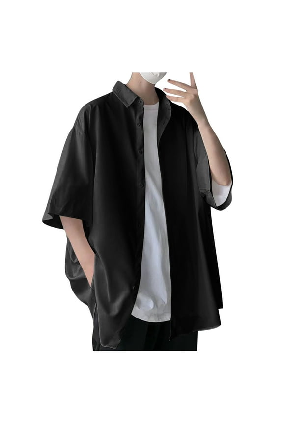 Mens Lapeled Collar Shirts Short Sleeve Button Down Shirts Trendy Young Boys Y2K Blouse Casual Vacation Summer Casual Fashion Tops M-3X B-Black