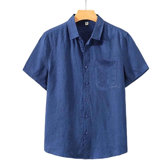 Wyobmus Mens Linen Blend Shirt Short Sleeve Button Down Shirts with Pocket Casual Untucked Dress Shirts Beach Vacation Tops M-5XL A-Navy
