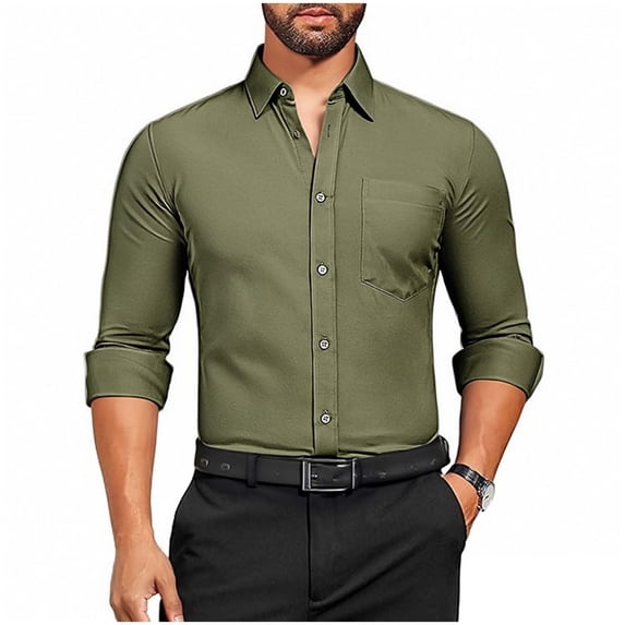Wyobmus Mens Dress Shirts Wrinkle-Free Stretch Business Button Down Shirt 4-Way Stretch Long Sleeve Turndown Collar Formal Shirt Blouse S-XL Olive Green