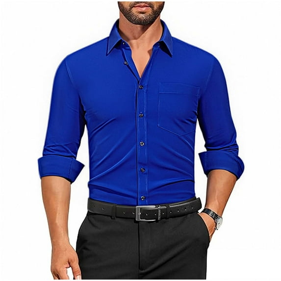 Wyobmus Mens Dress Shirts Wrinkle-Free Stretch Business Button Down Shirt 4-Way Stretch Long Sleeve Turndown Collar Formal Shirt Blouse S-XL Blue