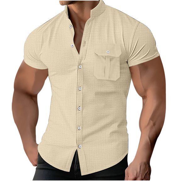 Wyobmus Mens Linen Button Down Shirts Solid Color Short Sleeve Casual Shirt Comfy Beach Vacation Tops With Pocekts S-3X Khaki