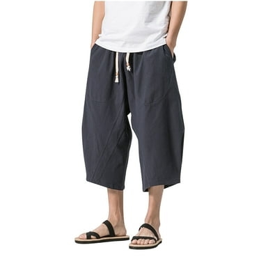 Wyobmus Mens Linen Capri Pant Casual Below Knee Harem Shorts Lightweight 3/4 Baggy Drawstring Beach Pants With Pockets,M-5XL D-Navy