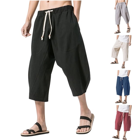 Wyobmus Mens Linen Capri Pant Casual Below Knee Harem Shorts Lightweight 3/4 Baggy Drawstring Beach Pants with Pockets,M-5XL C-Red
