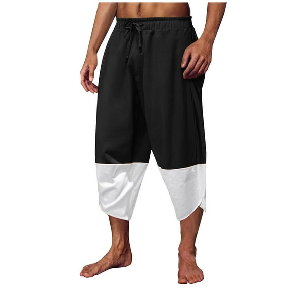 Wyobmus Mens Linen Capri Pants Solid Color Elastic Waist Casual Pants Loose Cotton Drawstring Cropped Pants XS-5X Black