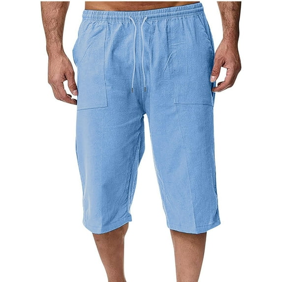 Wyobmus Mens Linen Capris Loose Casual Solid Color Drawstring Waist Cotton Mid Length Pants 3/4 Lightweight Soft Bermuda Beach Shorts S-2X A-Blue