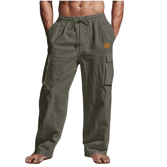 Wyobmus Mens Linen Cargo Pants Elastic Waist Drawstring Summer Beach Pants Lightweight Straight Leg Yoga Trousers Casual Vacation Pants with Pockets C-Bronze