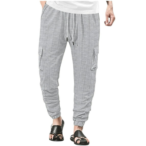 Wyobmus Mens Linen Cotton Casual Pants Elastic Waist Lightweight Drawstring Pants Loose Solid Summer Beach Elastic Hem Trousers S-3X Gray