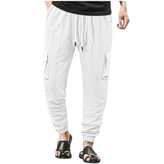 Wyobmus Mens Linen Cotton Casual Pants Elastic Waist Lightweight Drawstring Pants Loose Solid Summer Beach Elastic Hem Trousers S-3X White