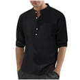 thumbnail image 1 of Wyobmus Mens Linen Henley Shirts Casual Cotton Lightweight Long Sleeve T-Shirt Solid Button Down Summer Beach Leisure Tops Black, 1 of 8