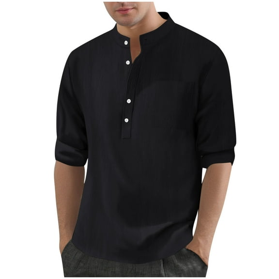 Wyobmus Mens Linen Henley Shirts Casual Cotton Lightweight Long Sleeve T-Shirt Solid Button Down Summer Beach Leisure Tops Black