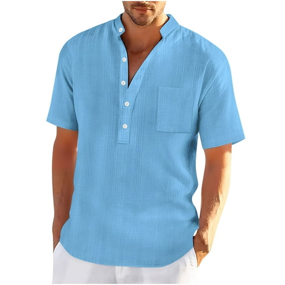 Wyobmus Mens Linen Henley Shirts Casual Short Sleeve Tee Tops Summer Beach Half Button Collar Tshirt Sky Blue