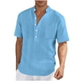 thumbnail image 1 of Wyobmus Mens Linen Henley Shirts Casual Short Sleeve Tee Tops Summer Beach Half Button Collar Tshirt Sky Blue, 1 of 5