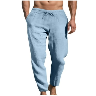 Wyobmus Mens Linen Pants Casual Summer Holiday Beach Pants Solid Drawstring Waist Fitted Trousers With Pocket Slacks B-Light Blue